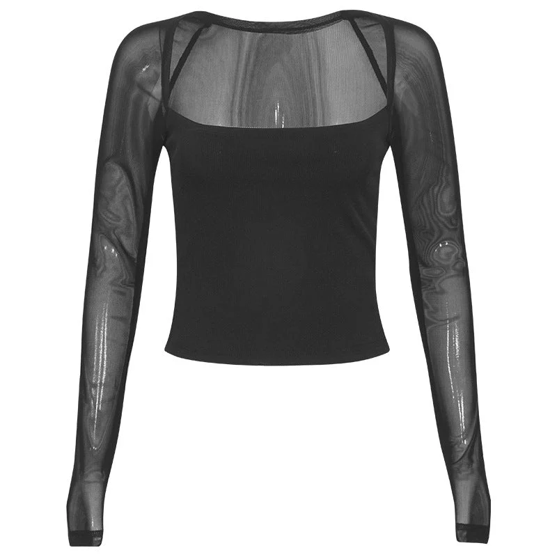Goth square neck mesh patchwork top