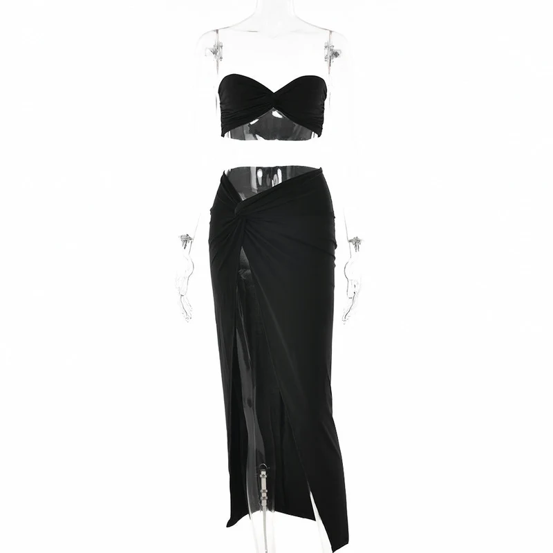 Grunge sweetheart neck ruched maxi skirt set