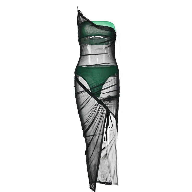 Goth drawstring mesh one shoulder set