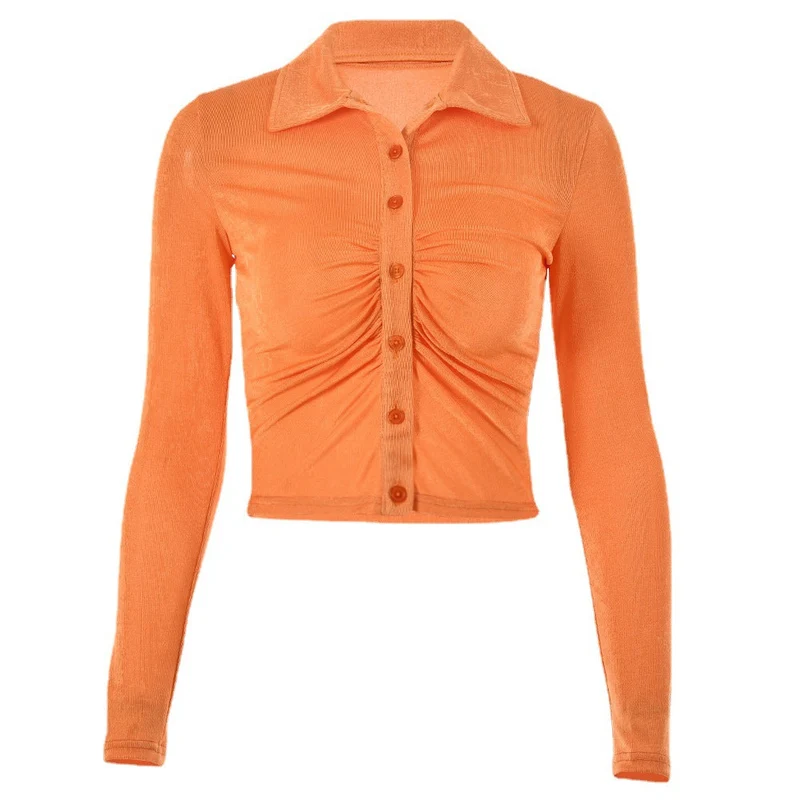 Crop top met omslagkraag, lange mouwen en gerimpelde knopen