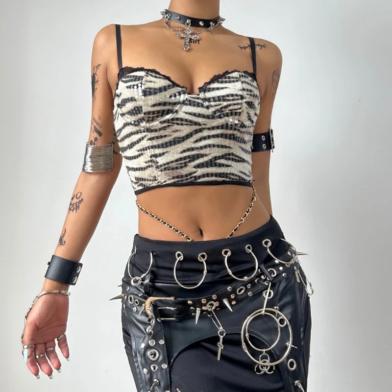 Fairycore leopard print glitter lace hem cami top