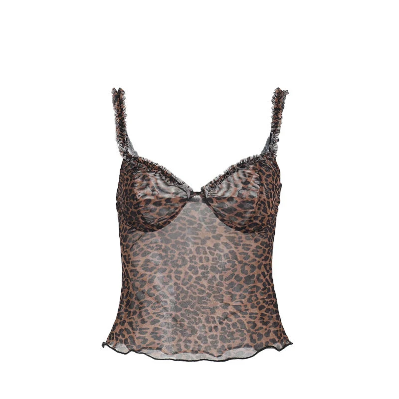Fairycore leopard print sheer mesh ruffle top