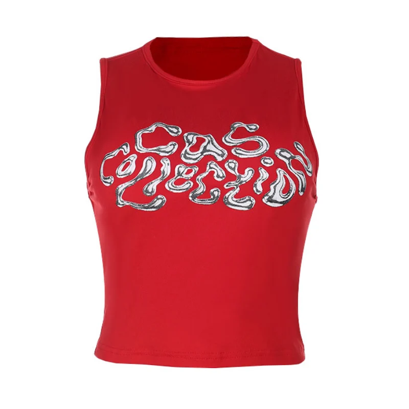 Grunge crop top met ronde hals en letterpatroon in contrasterende kleur
