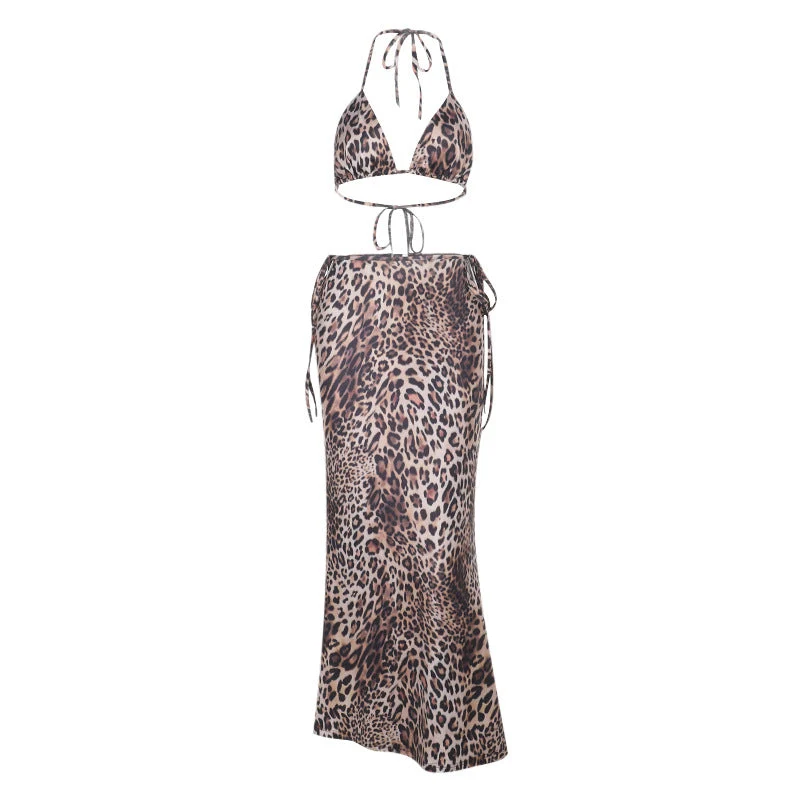 Set van maxi-rok met halterhals en luipaardprint en zelfstrik