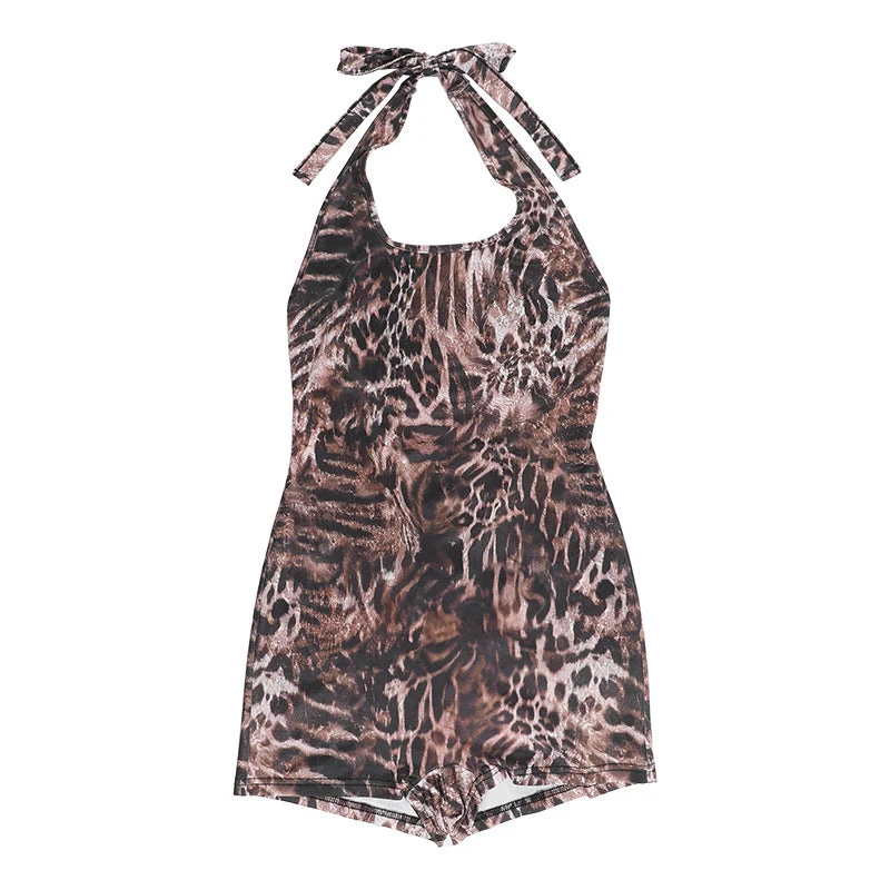 Grunge halter jumpsuit met luipaardprint en open rug