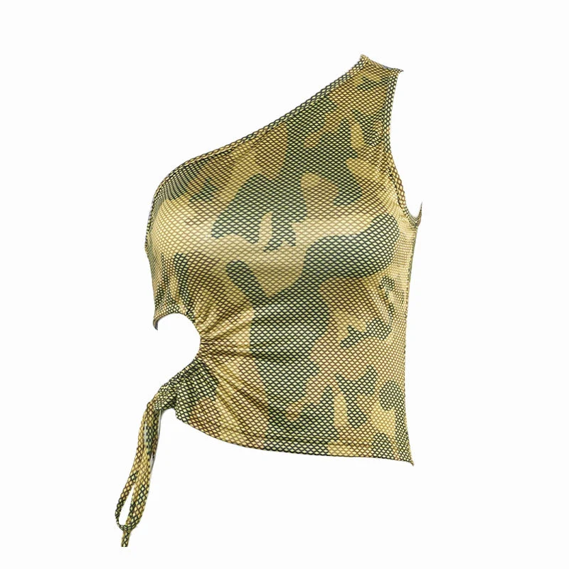 Camouflage top met één uitgeholde schouder en zelfstrik