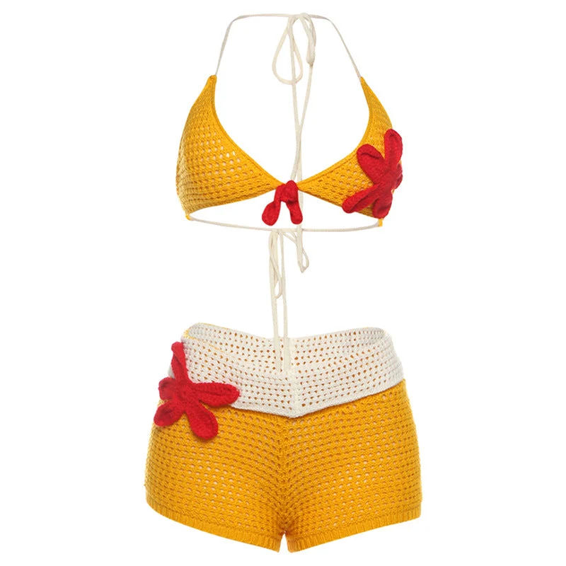 Fairycore halter short broek set met bloemenapplicaties