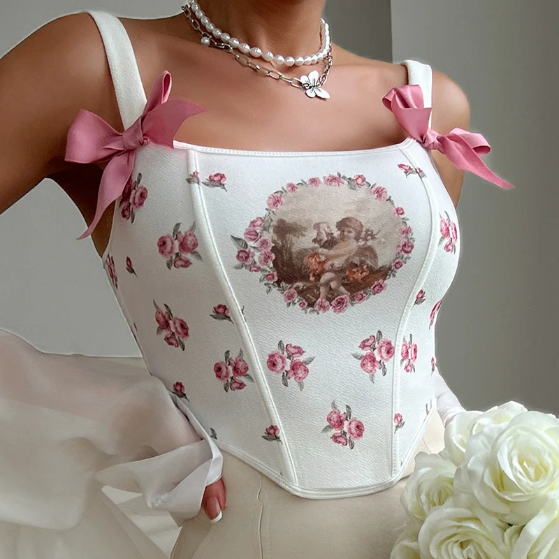 Fairycore flower print corset bowknot cami top