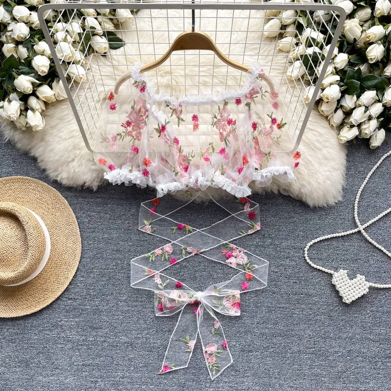 Fairycore ruffle puff sleeve mesh self tie top