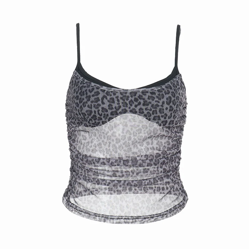 Luipaardprint gerimpelde U-hals mesh cami top