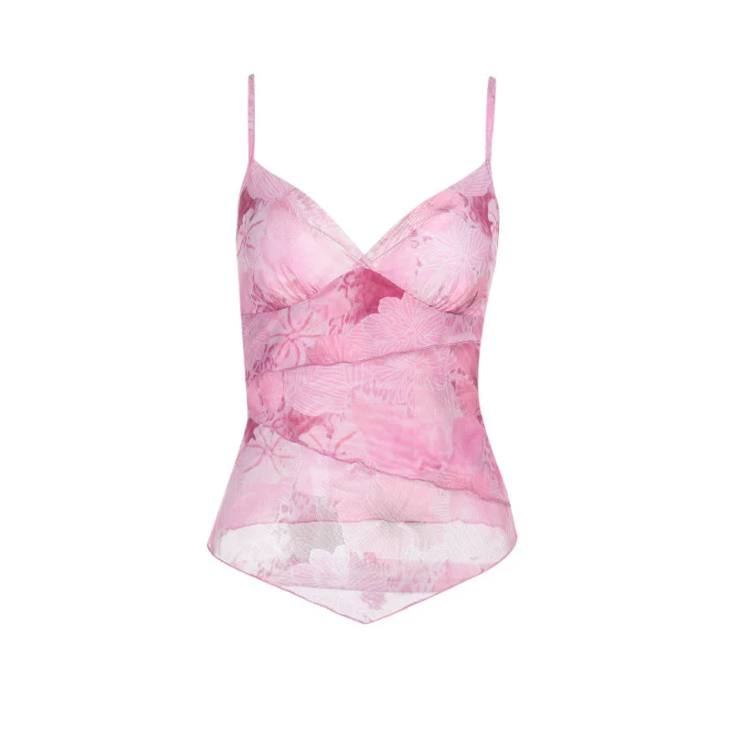 Fairycore mesh flower print ruffle cami top