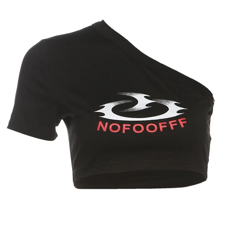 Grunge top met één schouder en letterpatroon