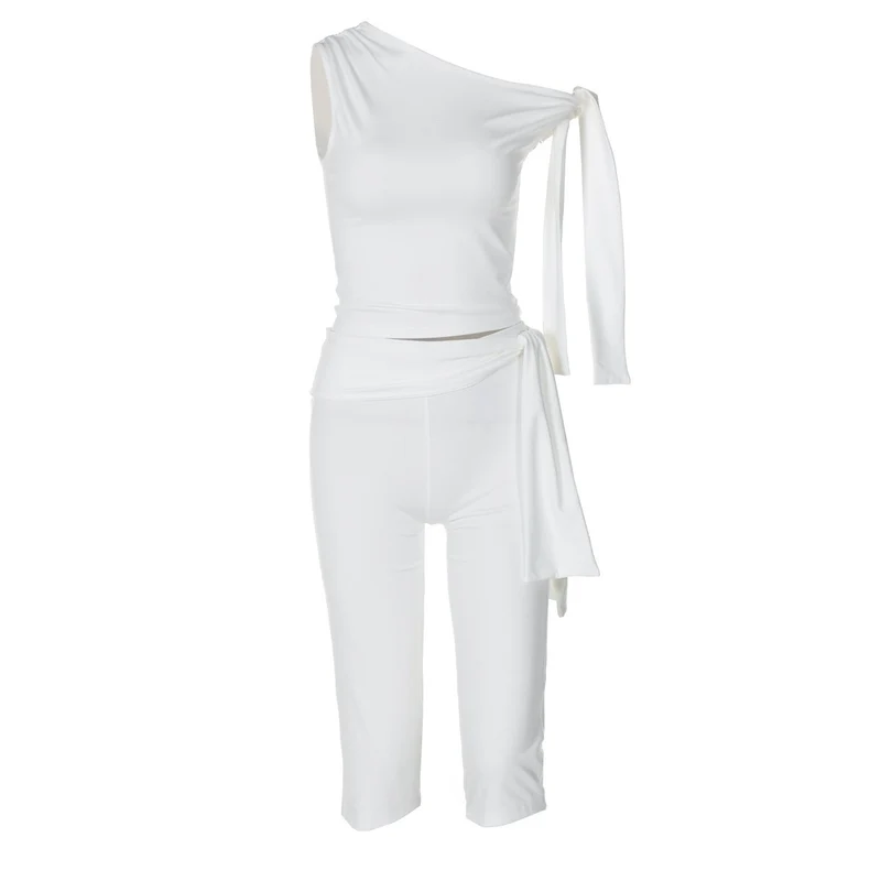 Grunge off shoulder knotted medium rise pant set