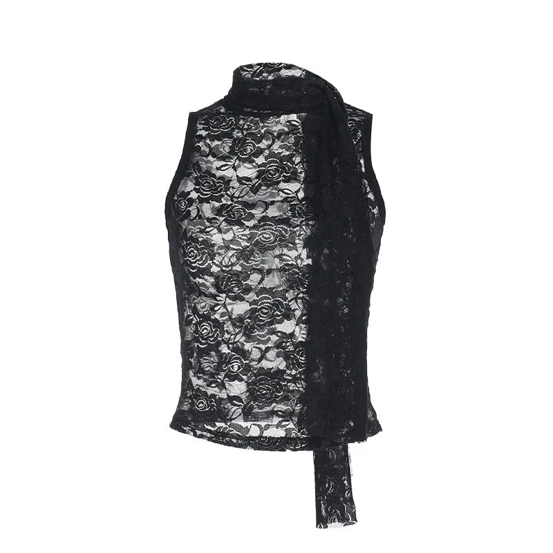 Doorzichtige crop top met ronde hals en kant