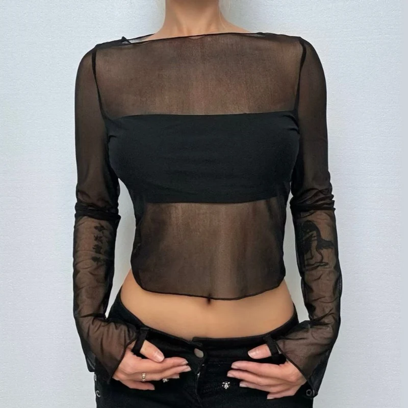Lange mouwen mesh ronde hals effen top