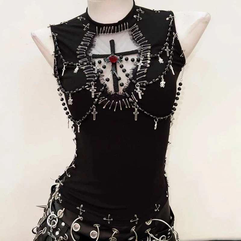 Fairycore beaded flower applique sleeveless top