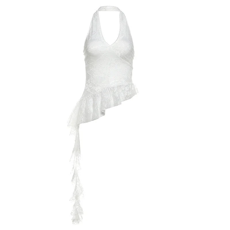 Halter V-hals top met ruches en kant