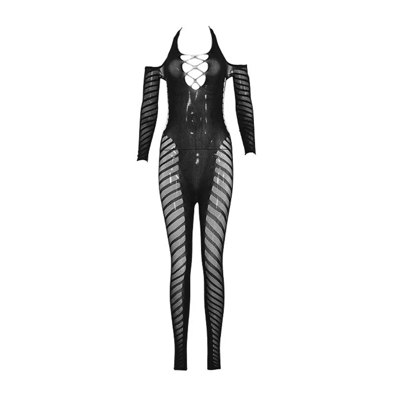 Halter lange mouwen uitgehold doorschijnende jumpsuit