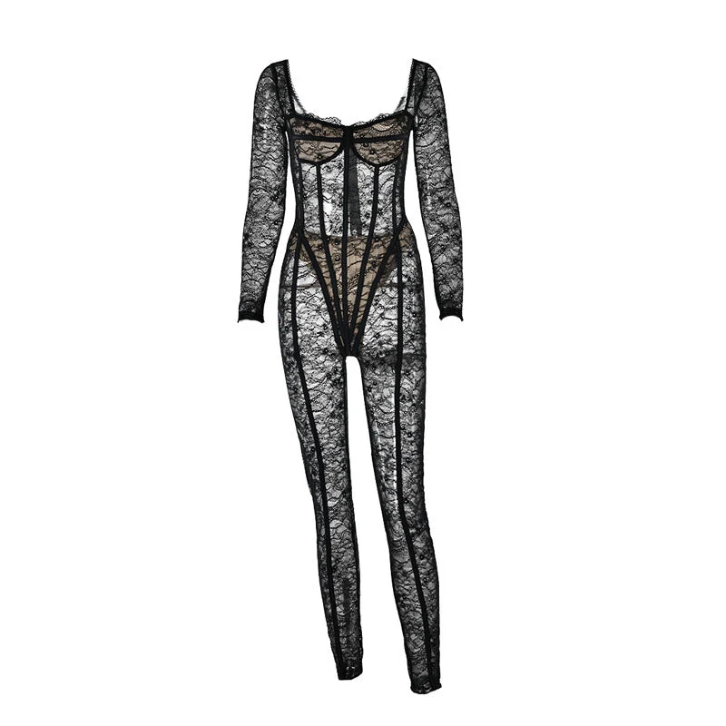 Lange mouwen, doorschijnende V-hals, kanten jumpsuit met ritssluiting