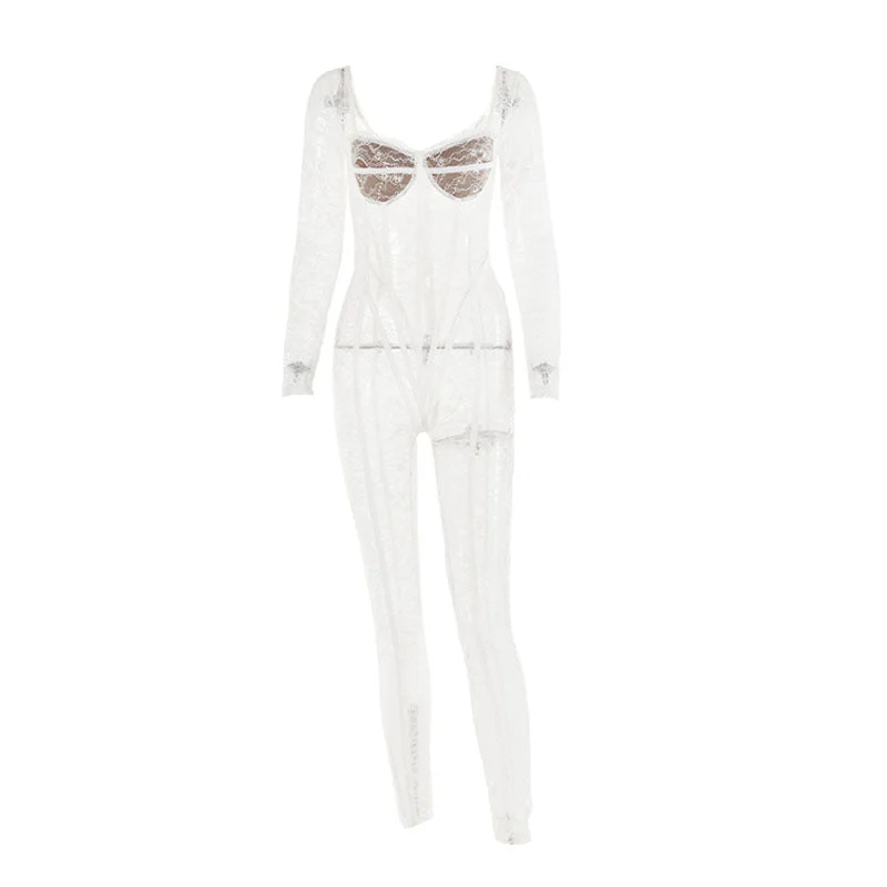 Lange mouwen, doorschijnende V-hals, kanten jumpsuit met ritssluiting