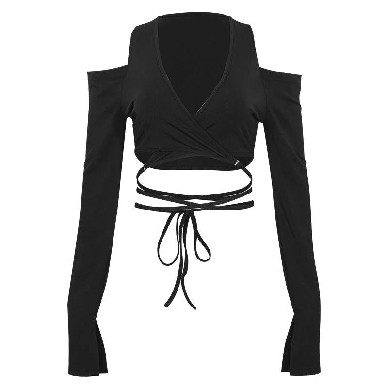 Lange mouwen, V-hals, off-shoulder crop top met zelfstrikkende zoom