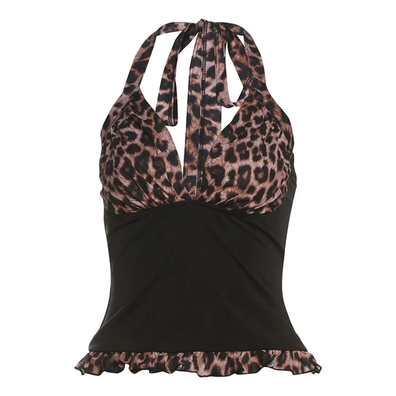 Top met haltertop met luipaardprint, zelfstrikkende V-hals en ruches