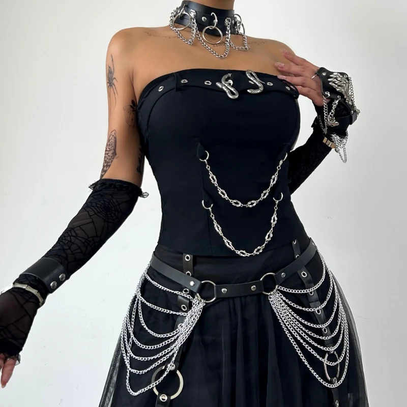 Goth metal chain buckle backless tube top