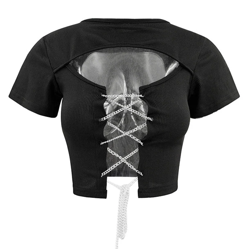 Fairycore hollow out metal chain lace up ribbed top