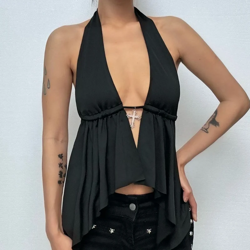 Grunge haltertop met strikceintuur en open rug