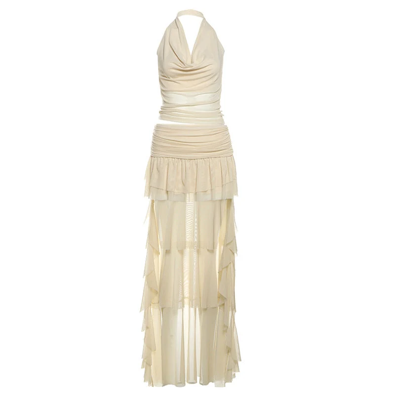 Set van halter mesh gerimpelde col mini rok