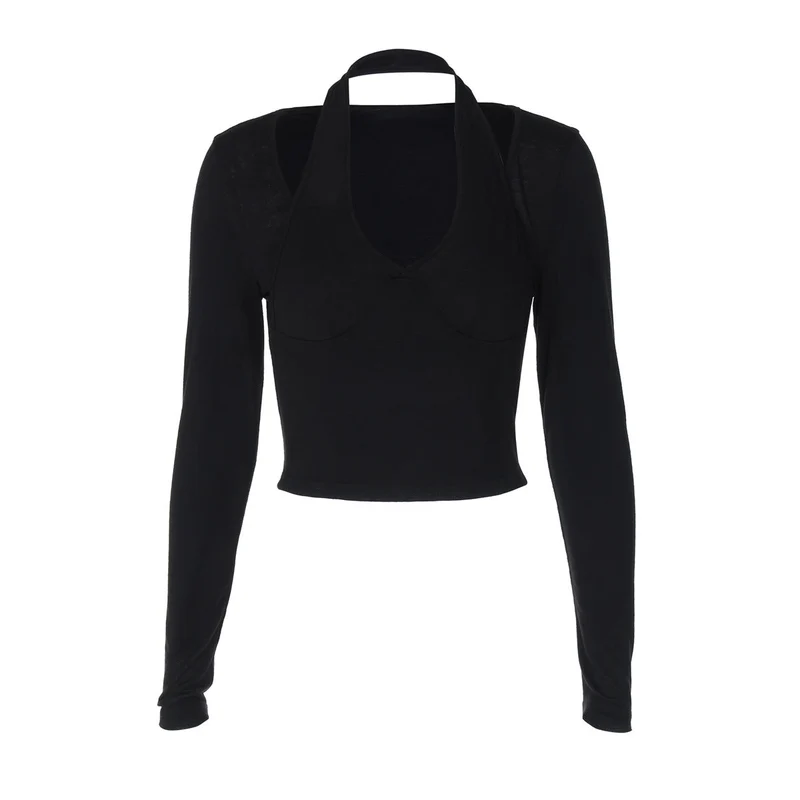 Grunge top met lange mouwen en halternek, effen kleur