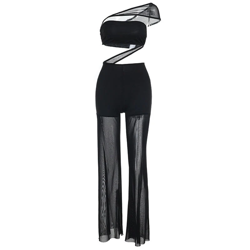Gotische jumpsuit van mesh met opengewerkte details en plooien