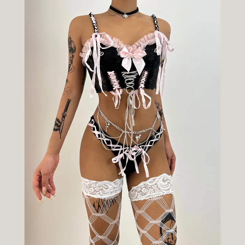Fairycore set met strik, vetersluiting en V-hals, camisole en broekje