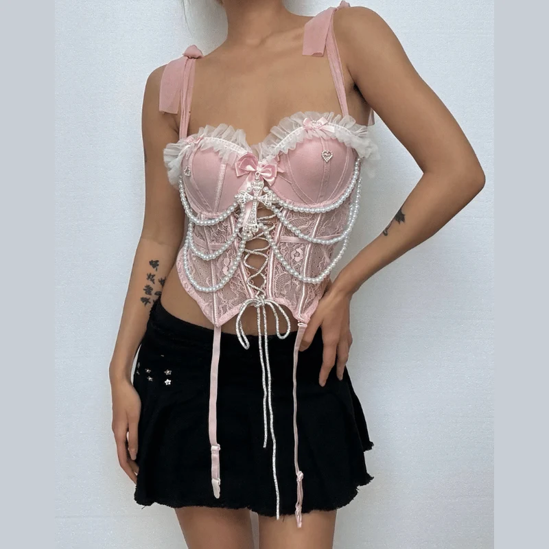 Fairycore bowknot beaded lace up cami top