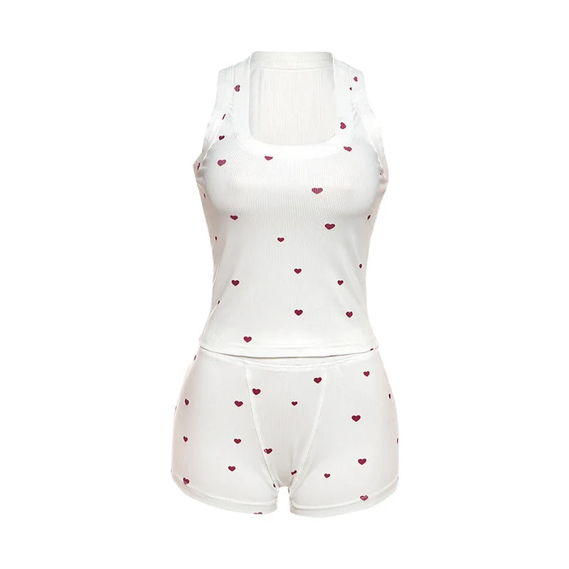 Set van geribbelde broek met vierkante hals en hartjesprint