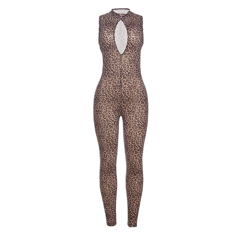Uitgesneden jumpsuit met rits en luipaardprint en ronde hals