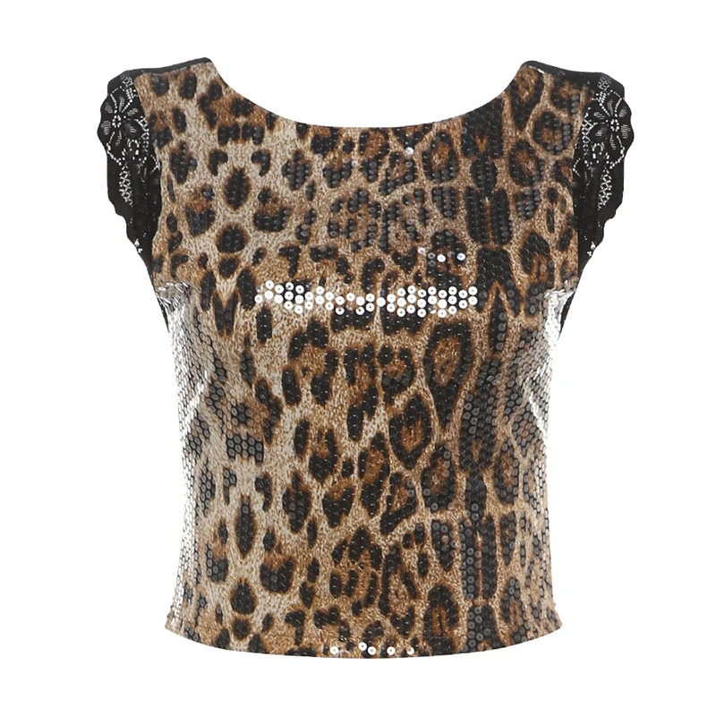 Top met ronde hals en glitterluipaardprint en kanten zoom