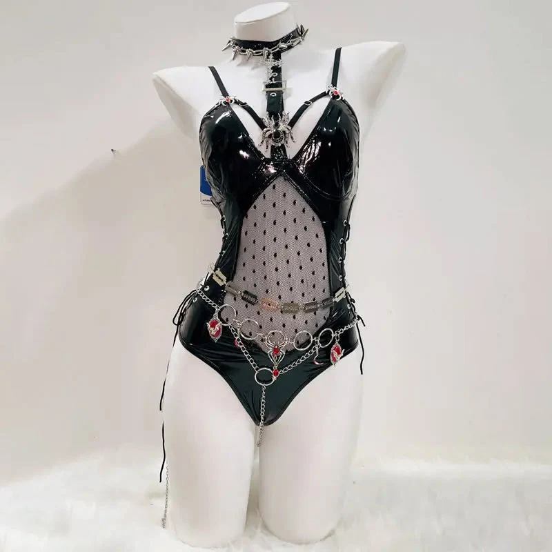 Goth PU-leren bodysuit met spinnenapplicatie