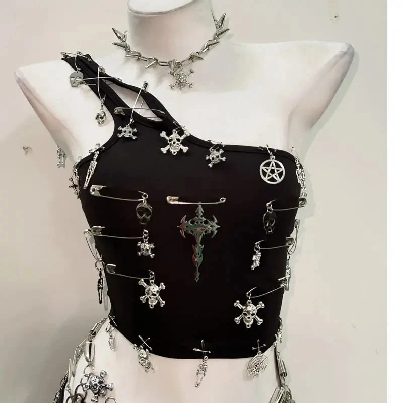 Goth one shoulder cross applique backless top