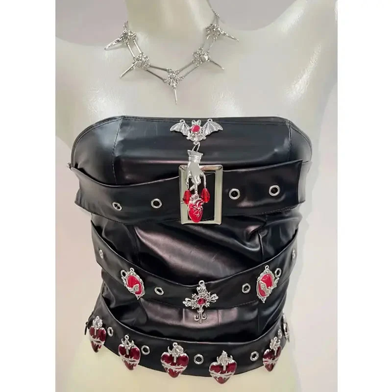 Gotische tube top van PU-leer met gesp en vleermuisapplicatie