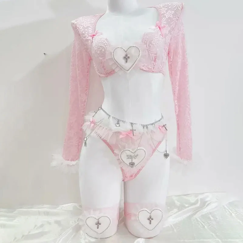 Fairycore kanten strikjes sweetheart patroon korte broek set