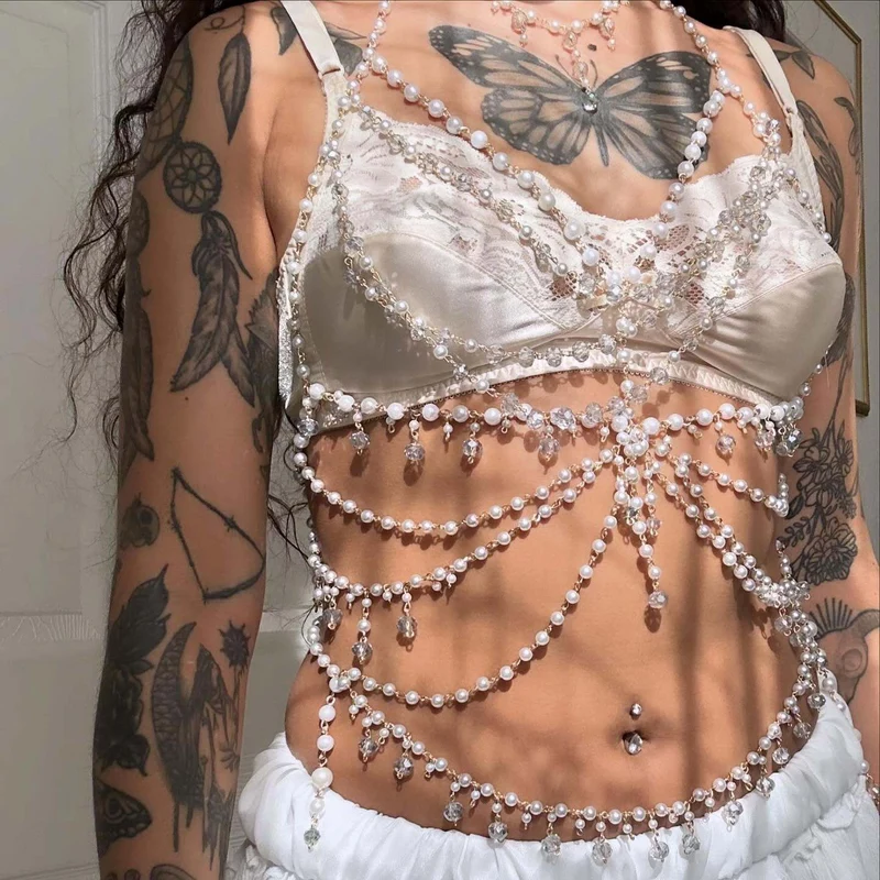 Goth faux pearl beaded hollow out top