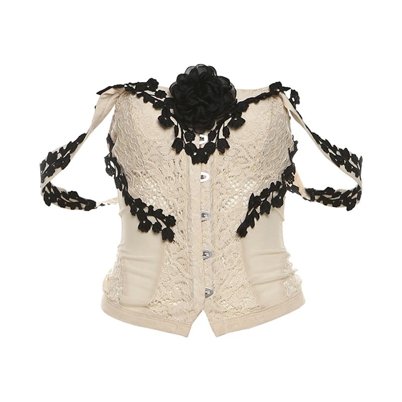 Fairycore off shoulder flower applique top