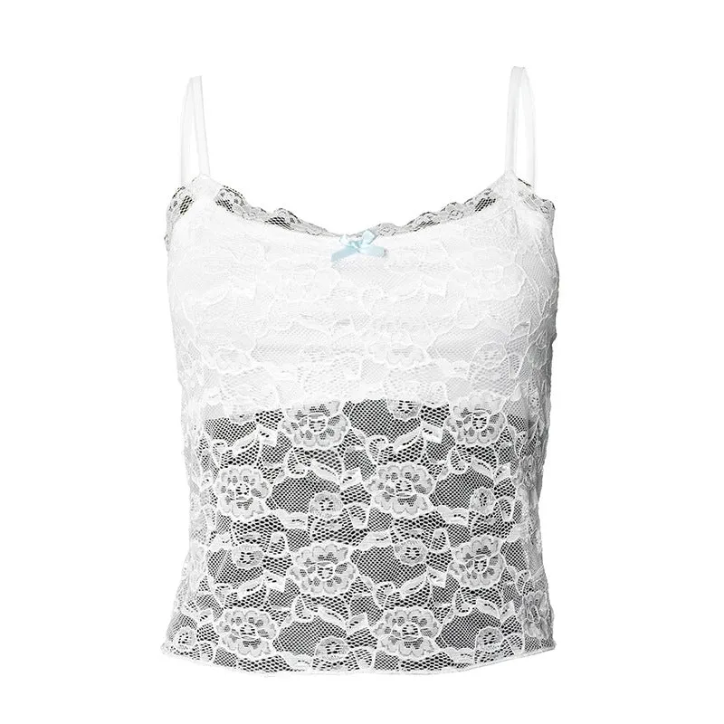 U-hals cami top met strik en kant