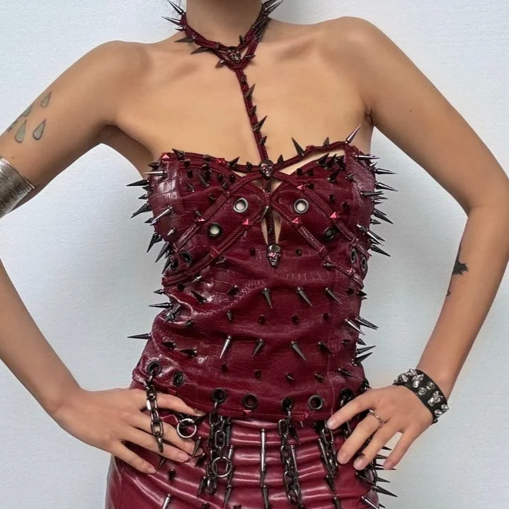 Goth hollow out rivet mini skirt set