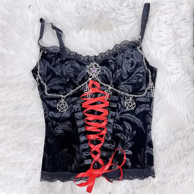 Fairycore lace hem metal chain cami top