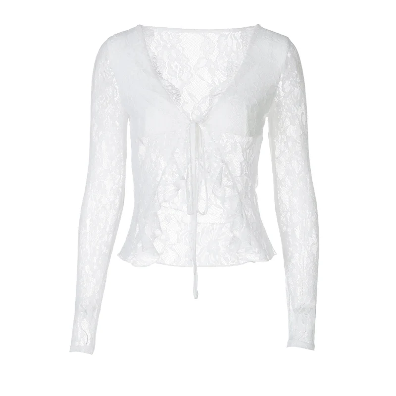Fairycore v neck long sleeve self tie top