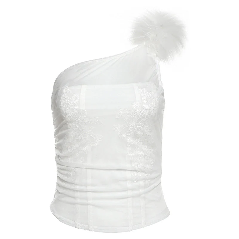 Goth one shoulder fluffy mesh top