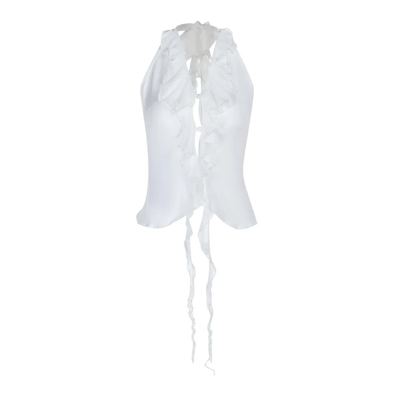 Fairycore haltertop met open rug, ruches en strik