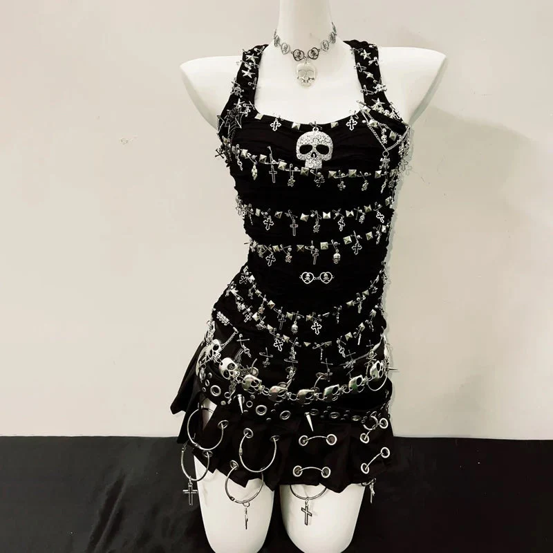 Goth skull applique PU leather tank top